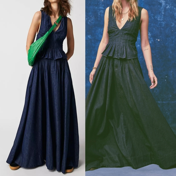 Free People Clean Coastal Denim Set Maxi Skirt Peplum Tank Dark Space Girl Wash - Picture 5 of 13